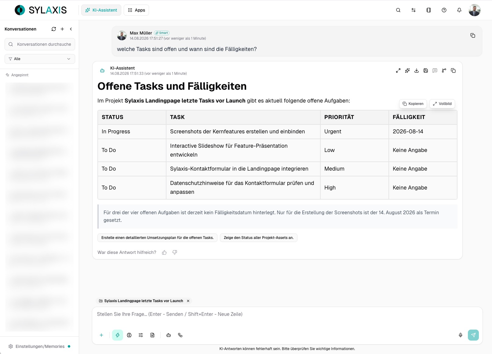 Sylaxis AI Assistant answering a chat question about open tasks and due dates by referencing a linked project