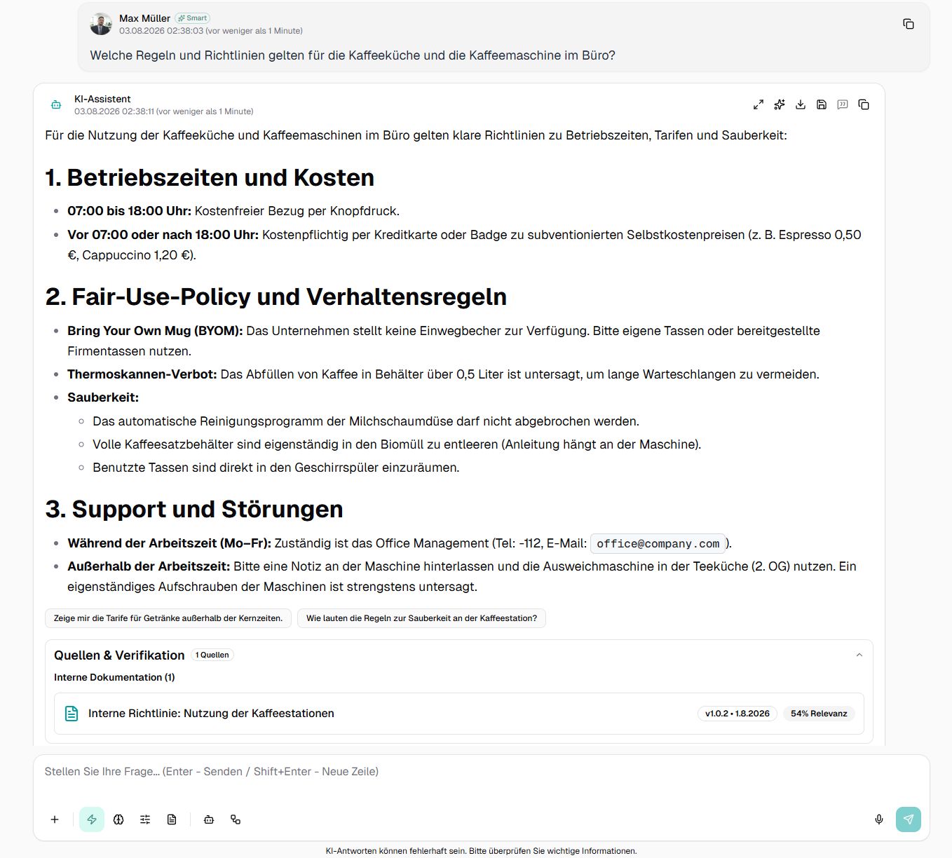 Sylaxis AI Assistant showing a structured policy answer with its RAG source
