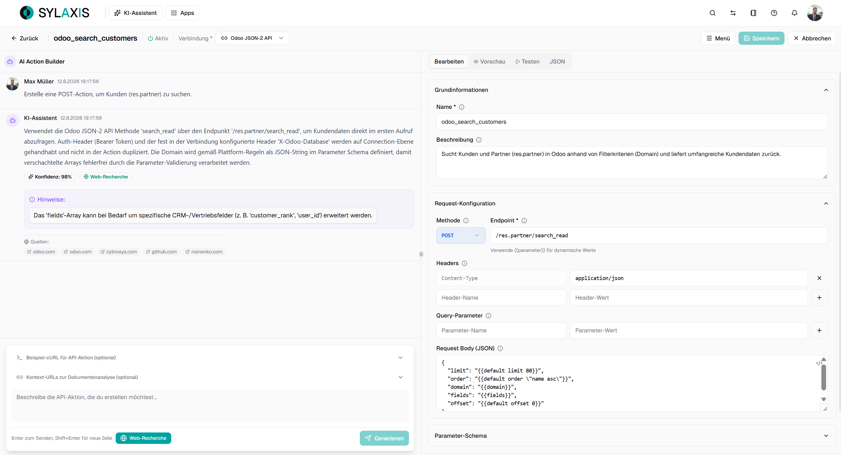 Sylaxis AI Action Builder with request configuration for the 'odoo_search_customers' action