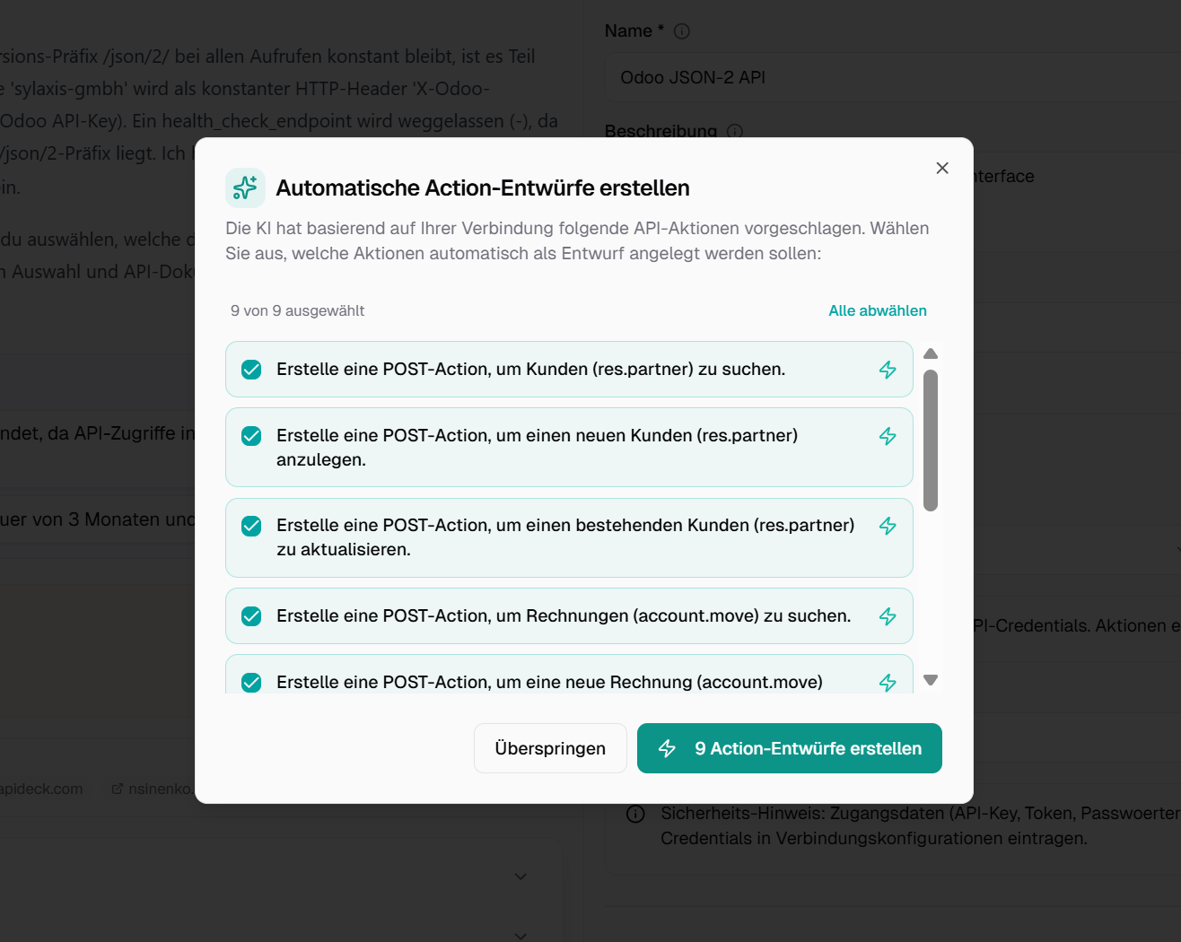 'Create automatic action drafts' dialog with nine suggested POST actions for Odoo customers and invoices