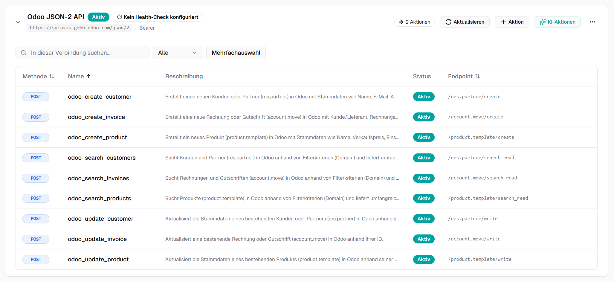 Overview of the 'Odoo JSON-2 API' connection with nine active POST actions for customers, invoices, and products