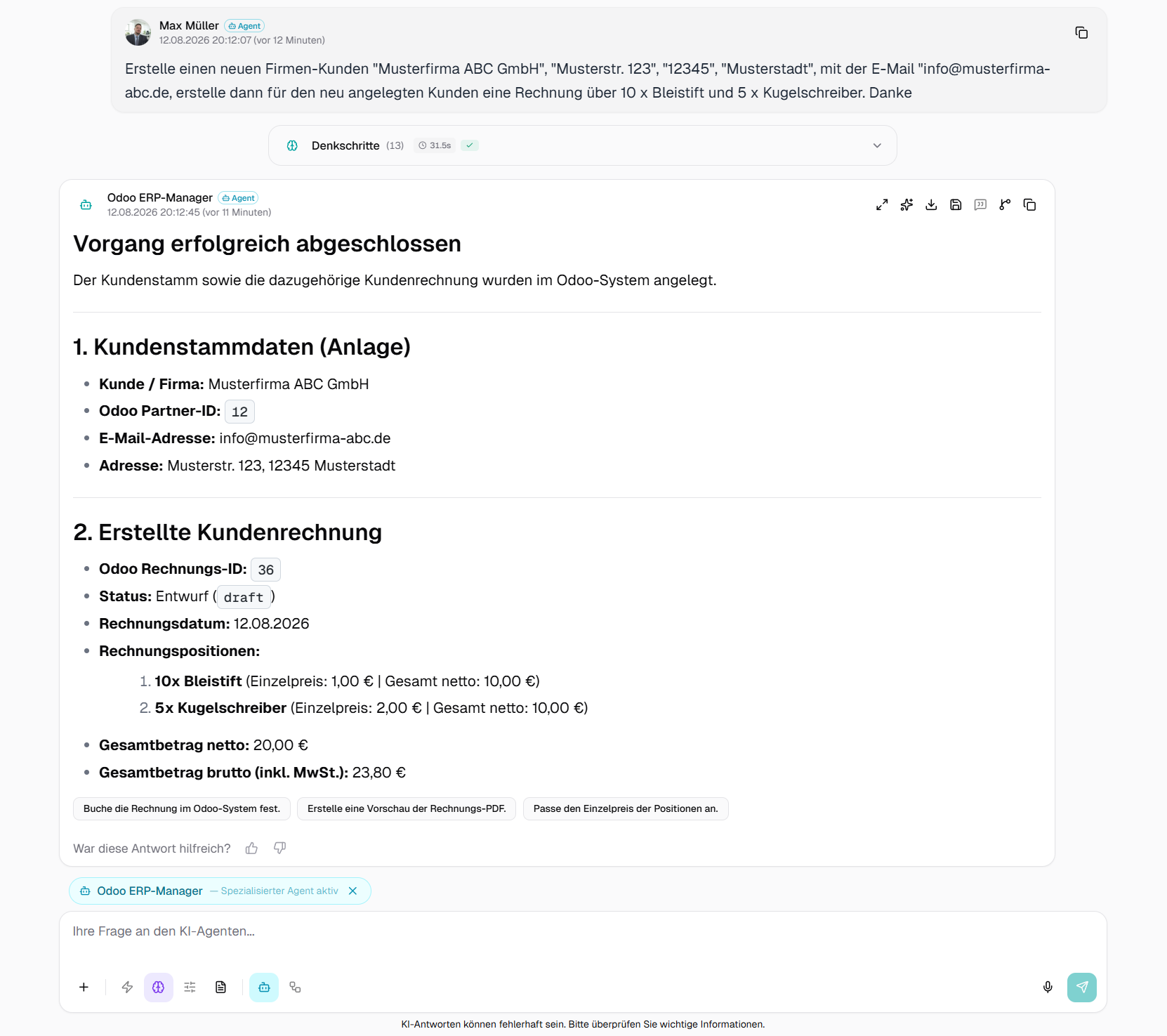 AI assistant "Odoo ERP Manager" creates the customer "Musterfirma ABC GmbH", checks products, and automatically creates a 23.80-euro Odoo invoice