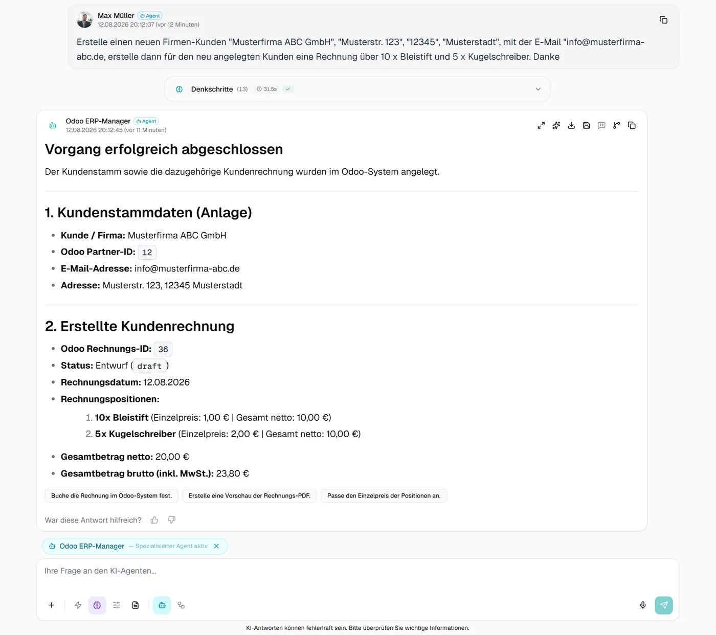 KI-Assistent "Odoo ERP-Manager" legt Kunde "Musterfirma ABC GmbH" an, prüft Produkte und erstellt automatisch eine Odoo-Rechnung über 23,80 Euro