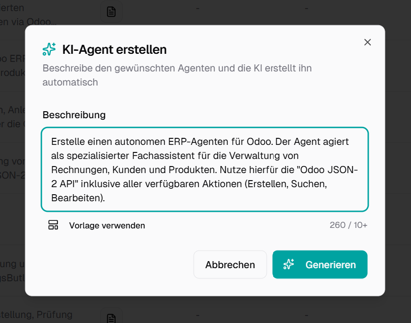 'Create AI agent' dialog describing an autonomous Odoo ERP agent for invoices, customers, and products