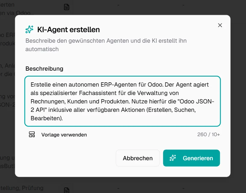 Dialog 'KI-Agent erstellen' mit Beschreibung eines autonomen Odoo ERP-Agenten für Rechnungen, Kunden und Produkte