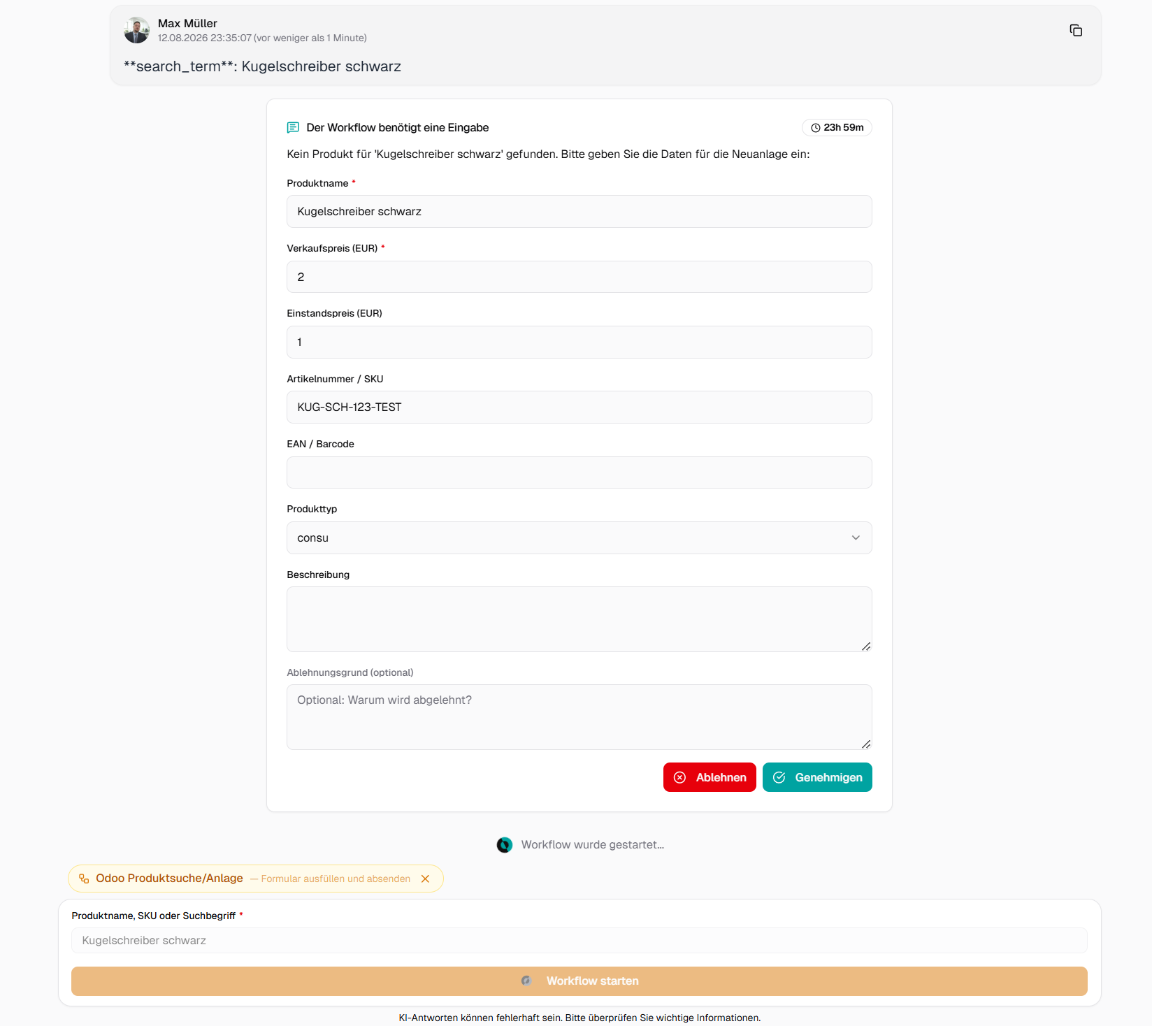 Interactive approval form in chat for creating the product "Kugelschreiber schwarz" with prices, SKU, and an approve button