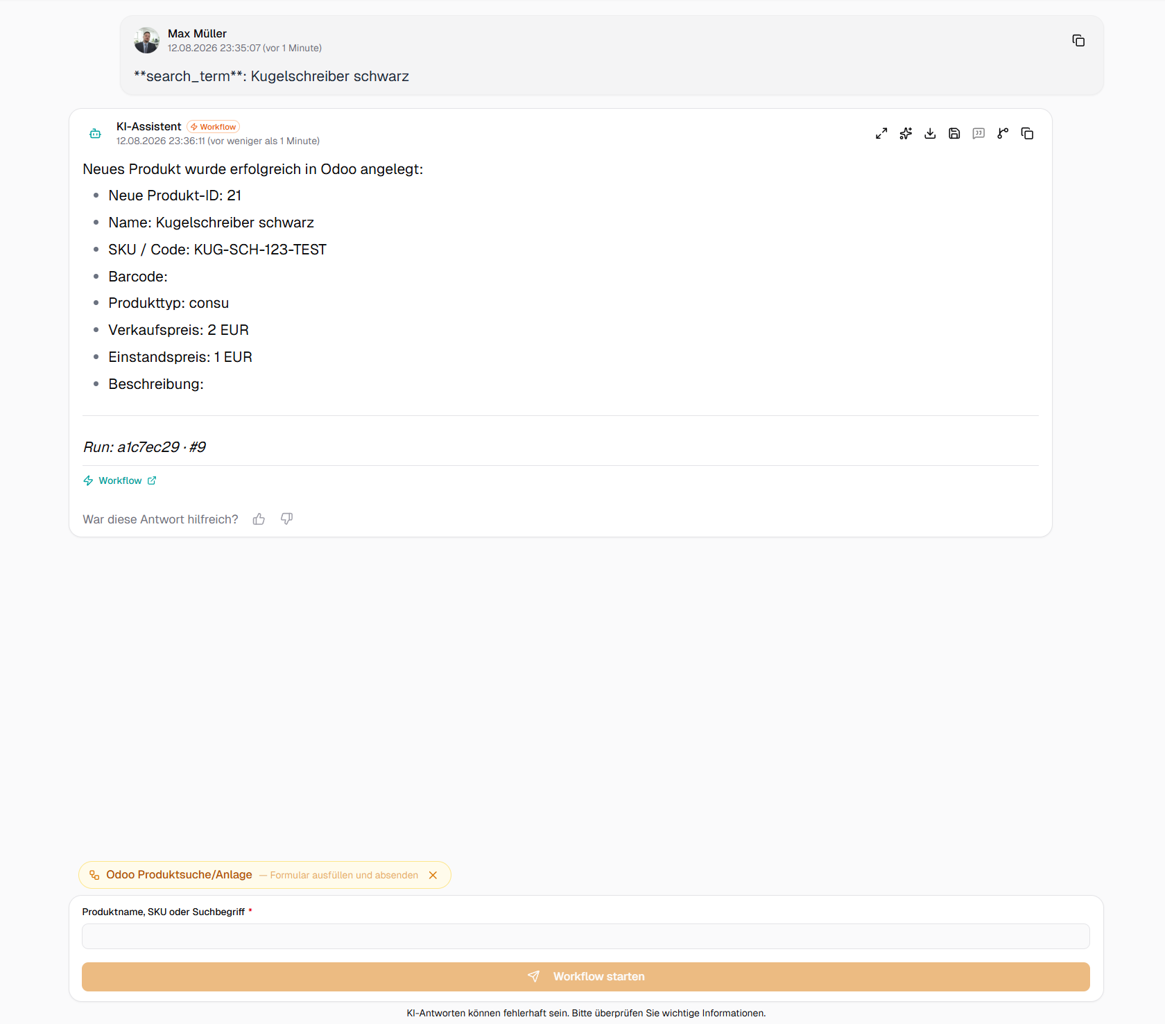 Chat response "New product was successfully created in Odoo" with product details including the new Odoo product ID 21