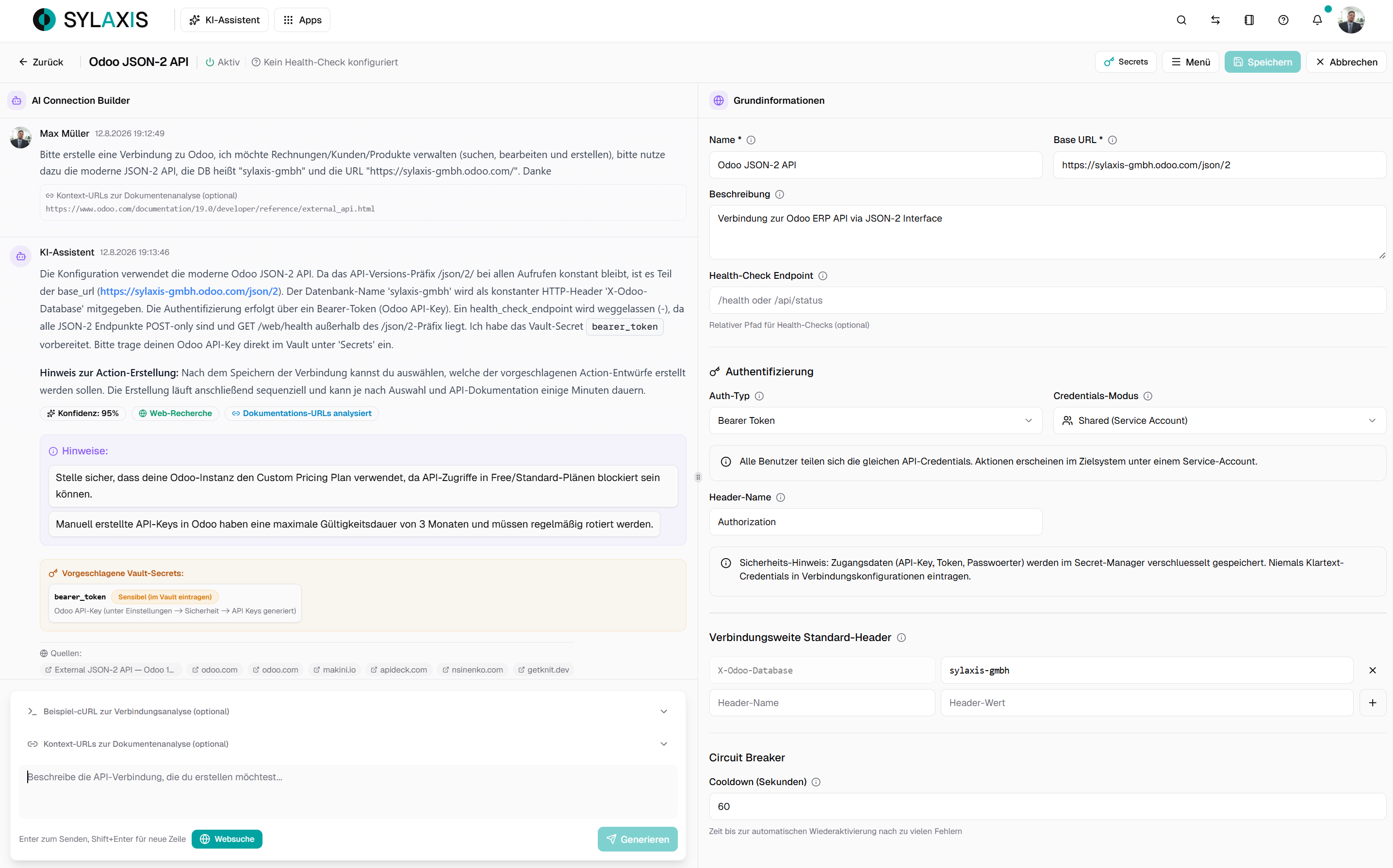 Sylaxis AI Connection Builder showing basic information for an Odoo JSON-2 API connection