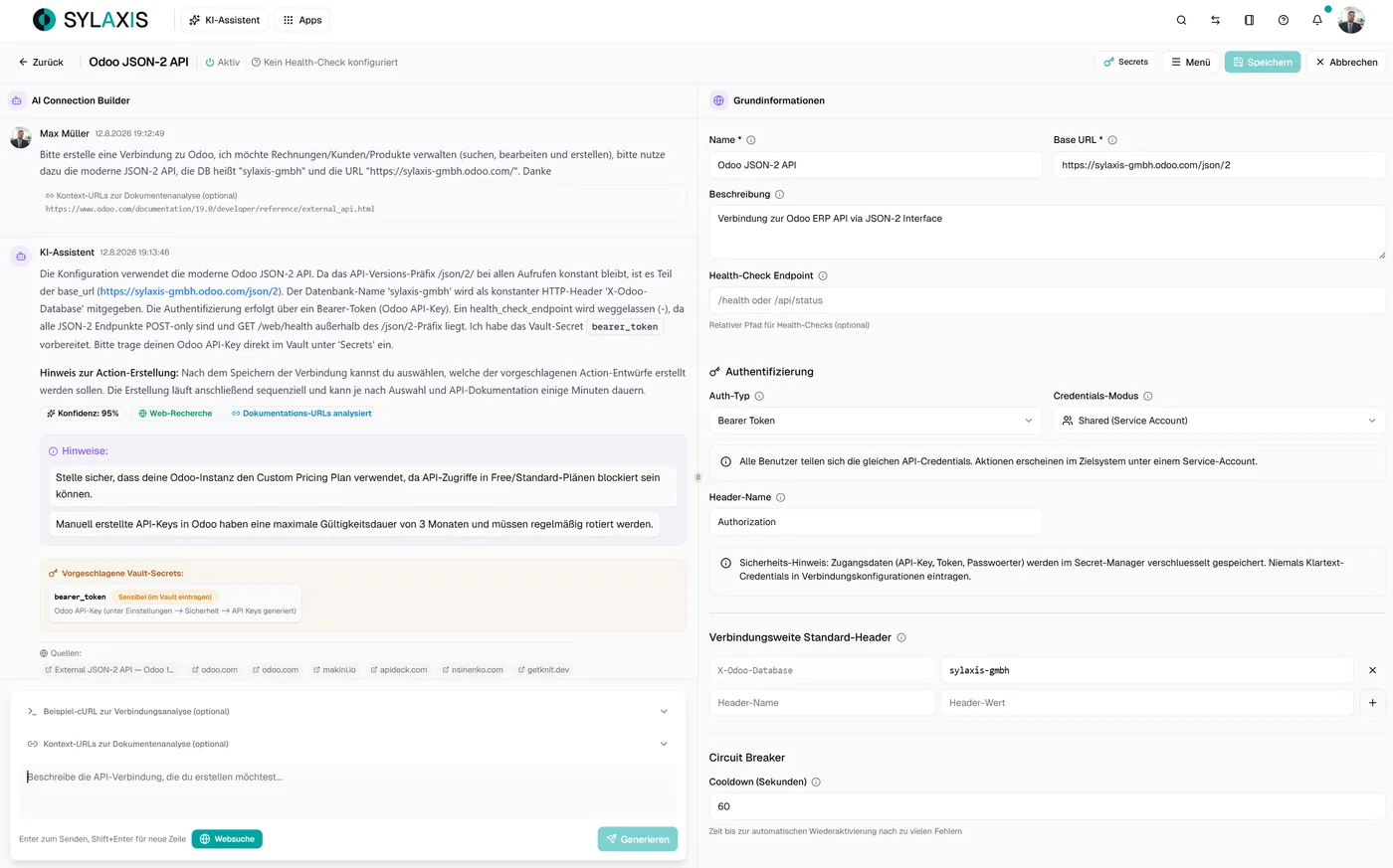 Sylaxis AI Connection Builder mit Grundinformationen für eine Odoo JSON-2 API Verbindung