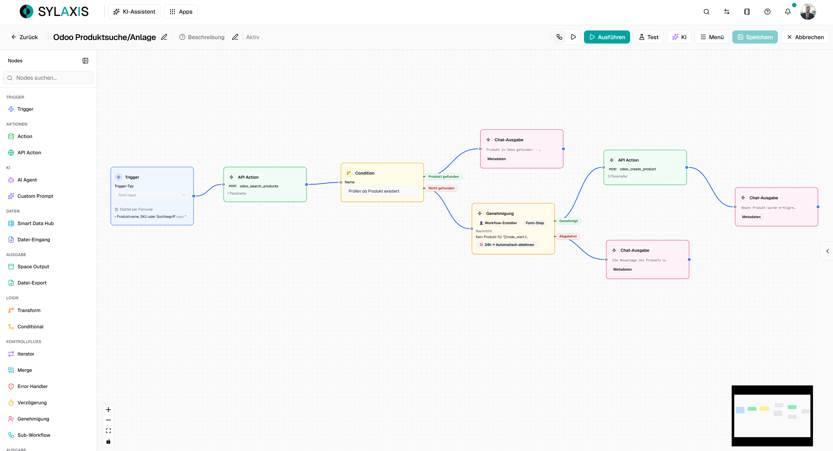 Workflow Canvas with trigger, API action, condition, approval, and chat output nodes for the Odoo product creation