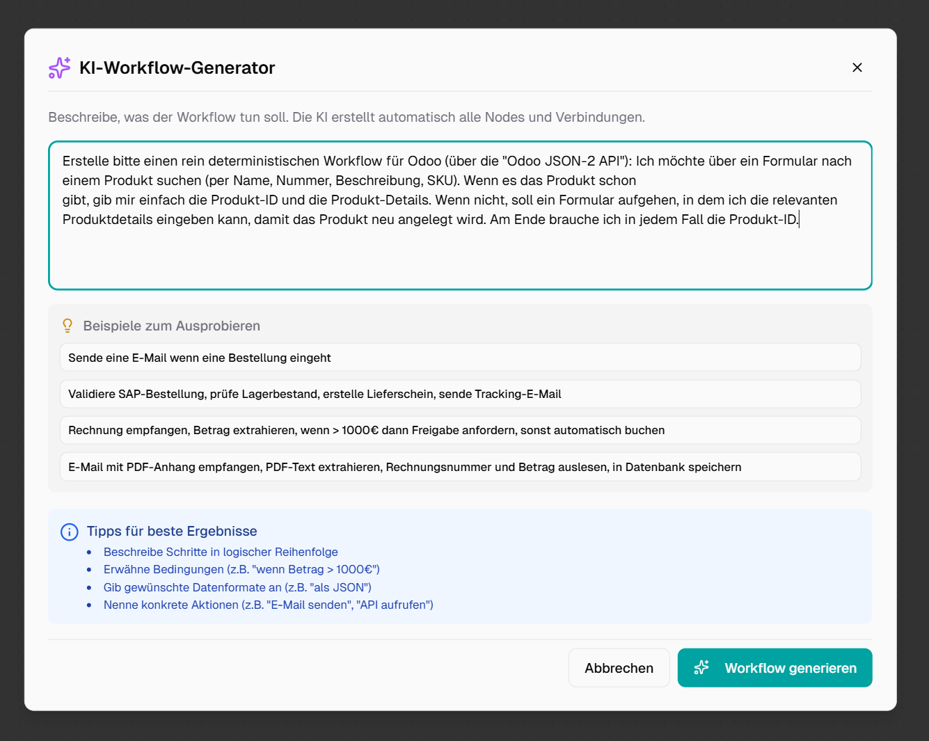 AI Workflow Generator dialog with a prompt for finding and creating a product in Odoo