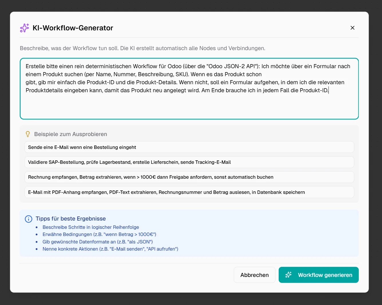 KI-Workflow-Generator Dialog mit Prompt zur Produktsuche und -anlage in Odoo