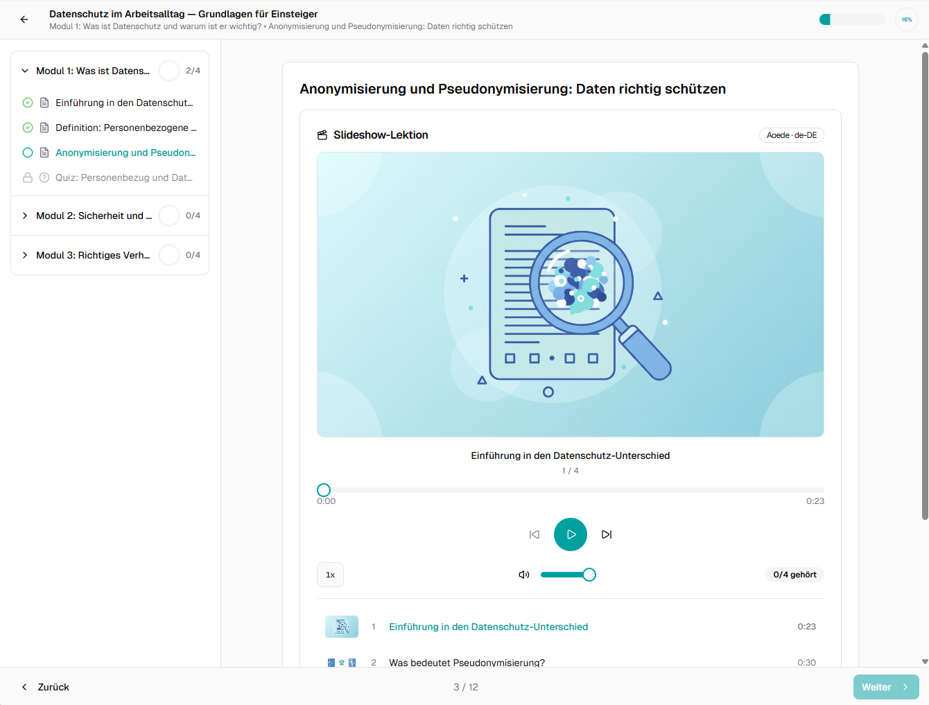 Sylaxis data privacy eLearning course with module navigation, slideshow lesson, audio, and learning progress