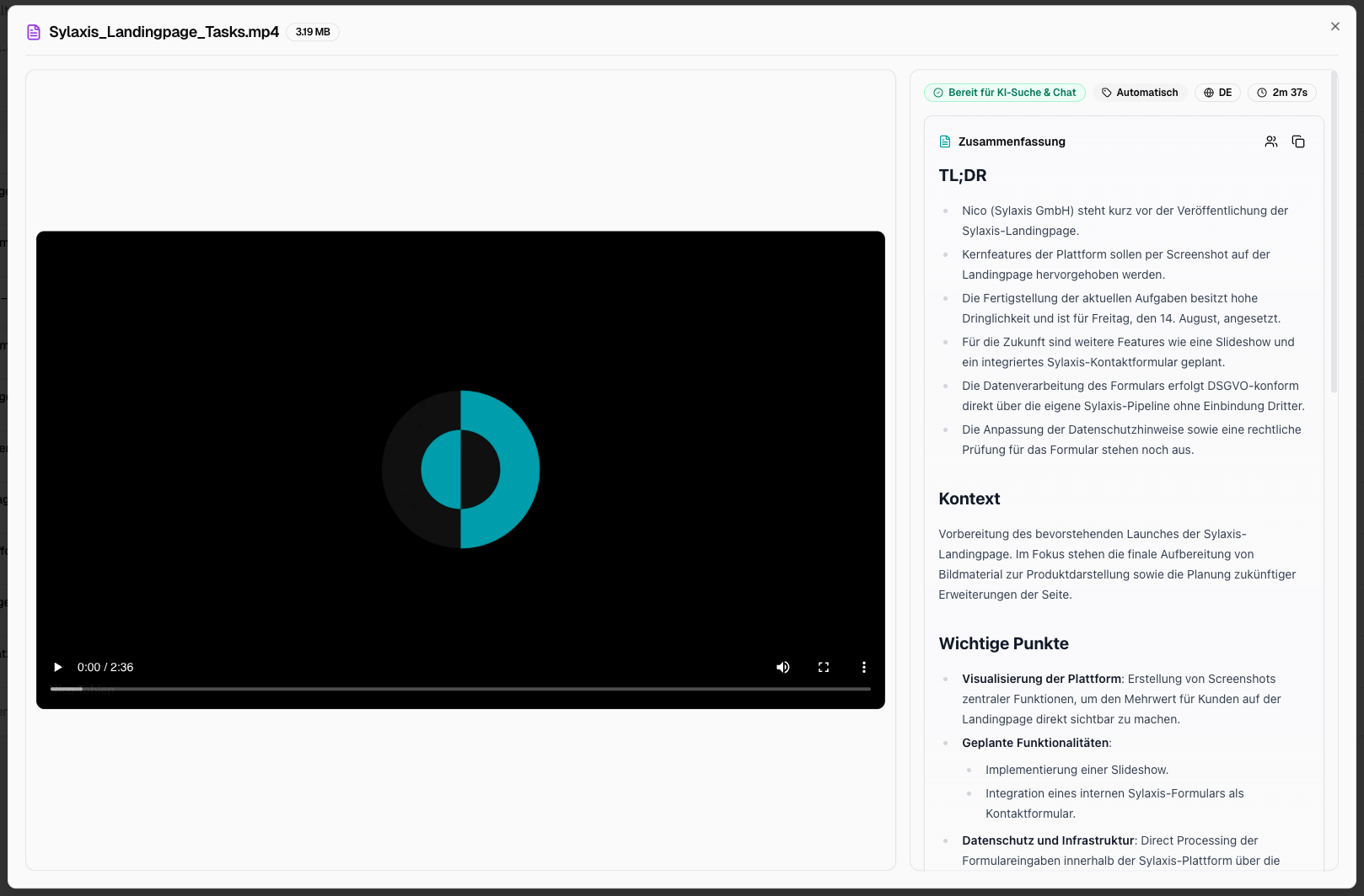 Sylaxis recording with an automatic transcript and structured summary including a TL;DR and key points