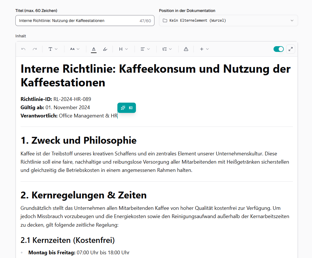 Sylaxis rich-text editor showing an internal policy for the use of coffee stations