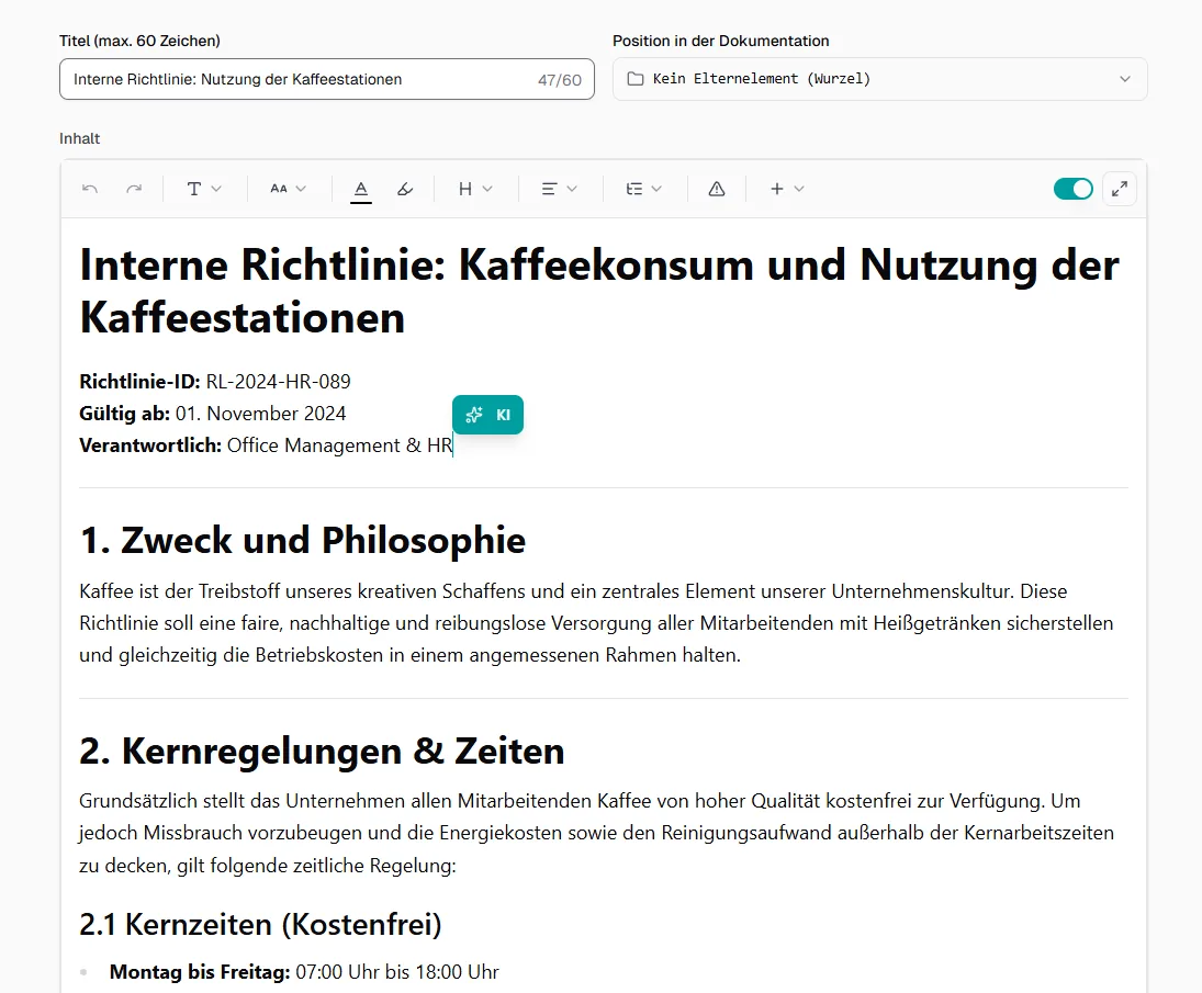 Sylaxis Rich-Text-Editor mit einer internen Richtlinie zur Nutzung der Kaffeestationen