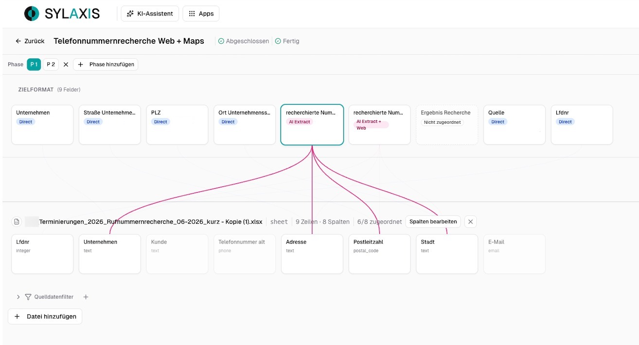Sylaxis Smart Data Hub researching company phone numbers via web and map search