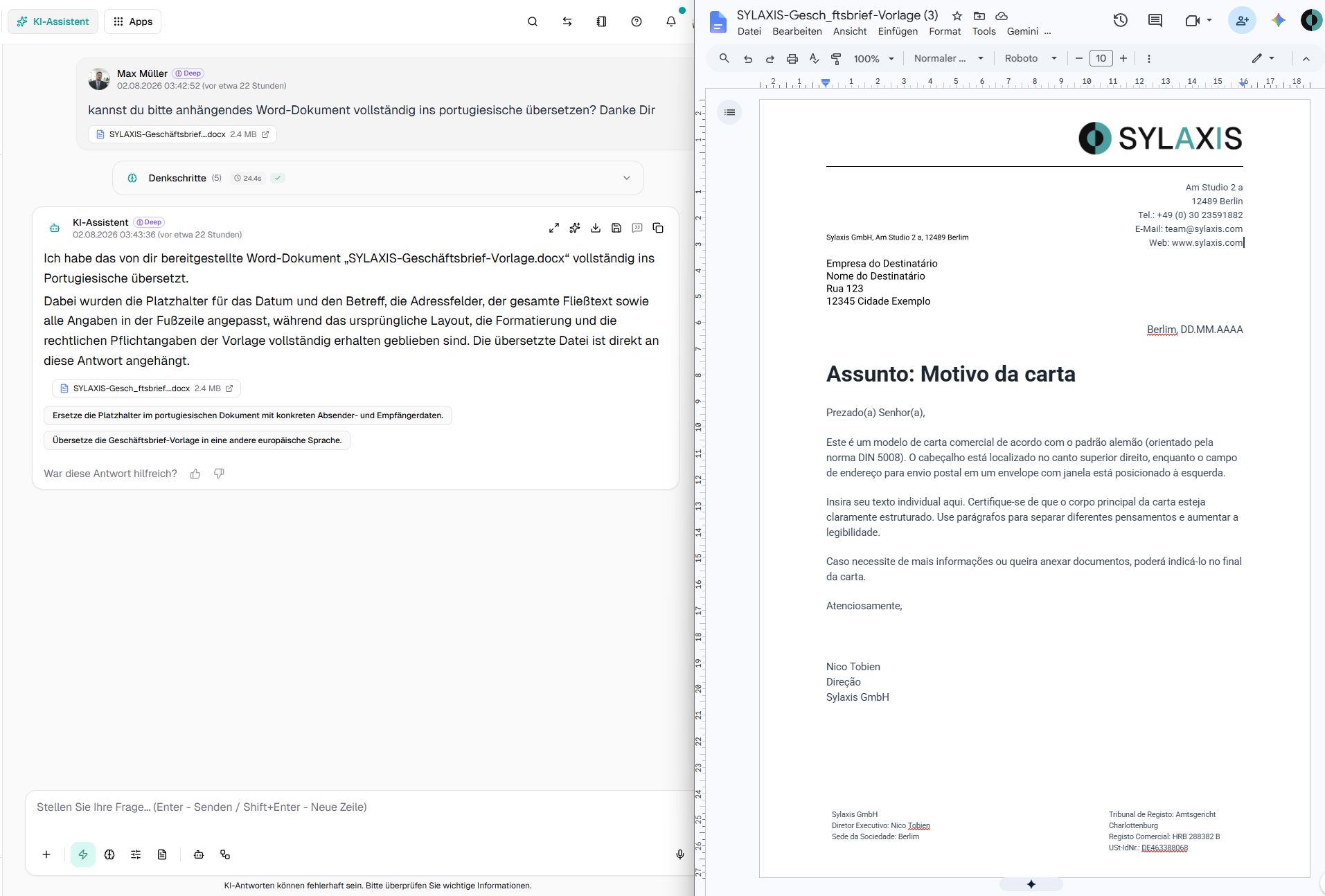 Sylaxis AI Assistant with a translated Word document next to a preview in the Sylaxis corporate design