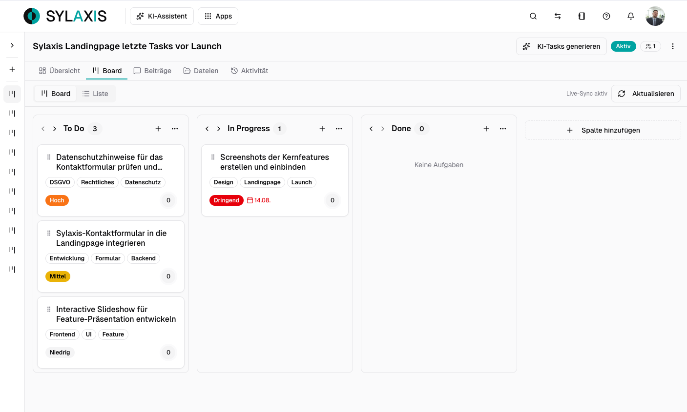 Sylaxis Workplace board with AI-generated tasks from a meeting summary including priority and due date
